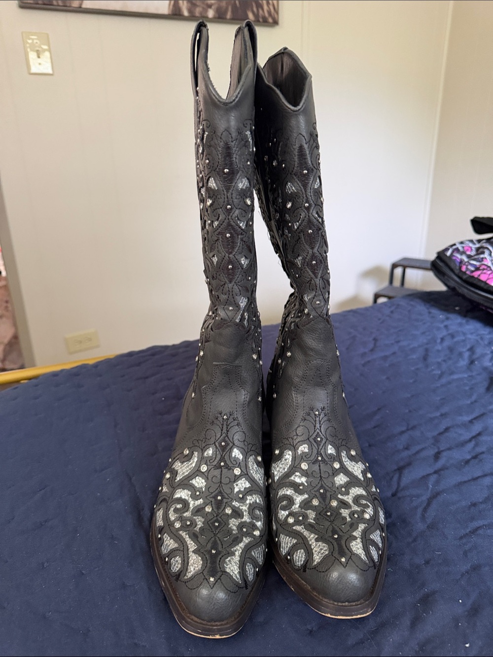 Black Embroidered Mid-Calf Heeled Boots with Silver Accents